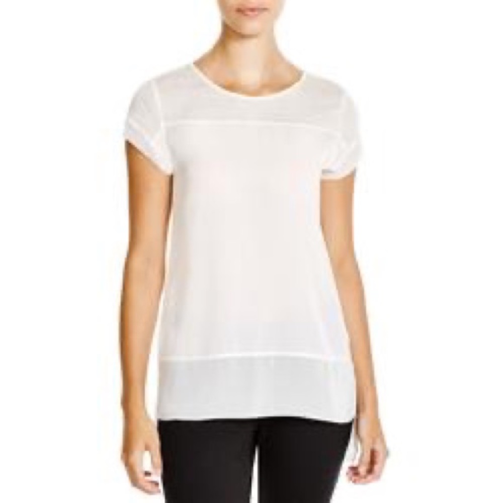 French Connection Polly Plains White Chiffon Trim Hi-Low Tee T-Shirt Top S